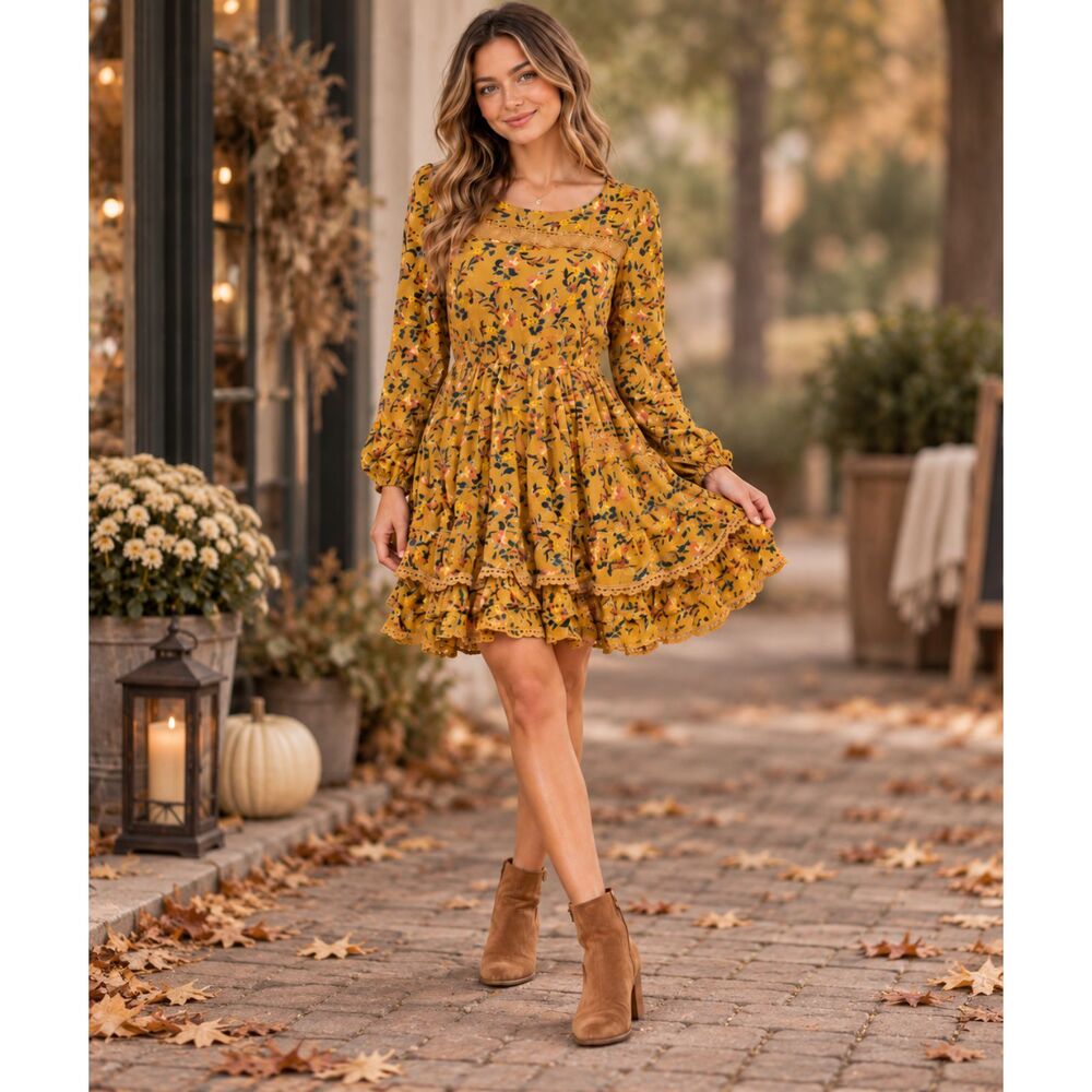 C&V Mustard Floral Boho Tiered Ruffle Lace Mini Dress Long Sleeve
